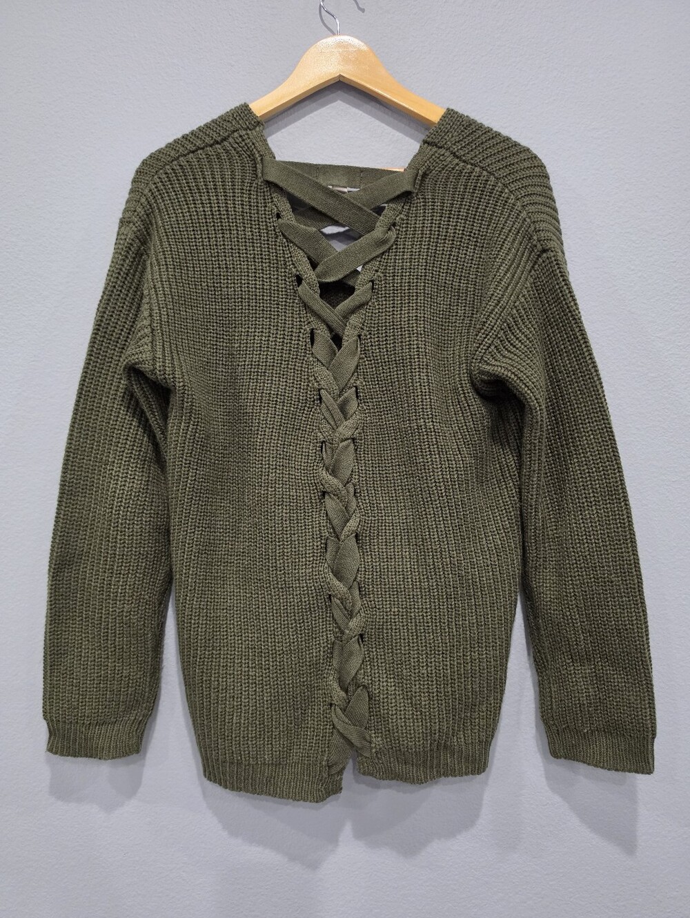 ALTAR'D STATE Olive Green Ribbed Corset Lace Up Back V-Neck Sweater